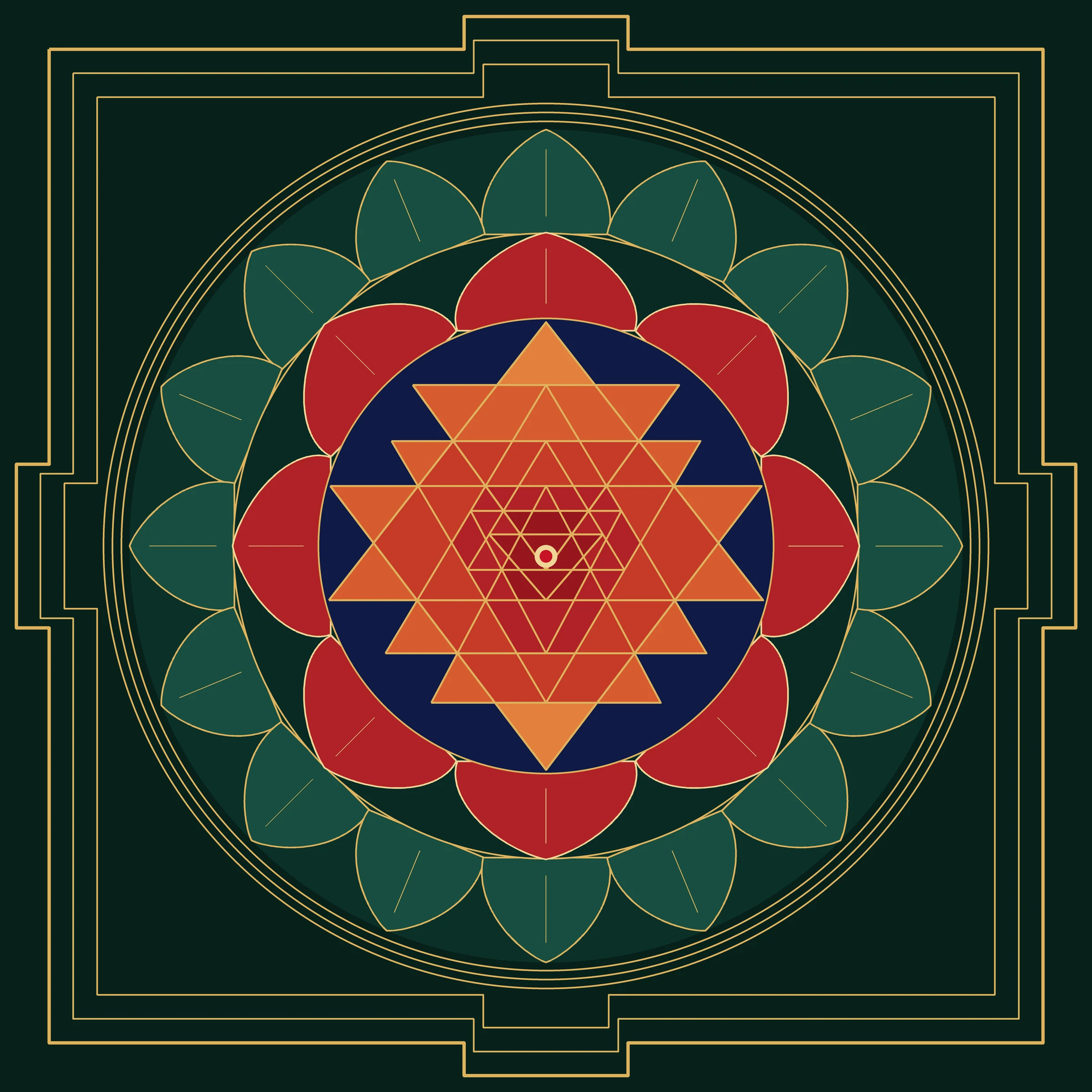 The Sri Yantra: nine interlocking triangles in red and saffron around a central point, inside an eight-petal and a sixteen-petal lotus, three circles and a square enclosure with four gates, drawn in gold on deep green.