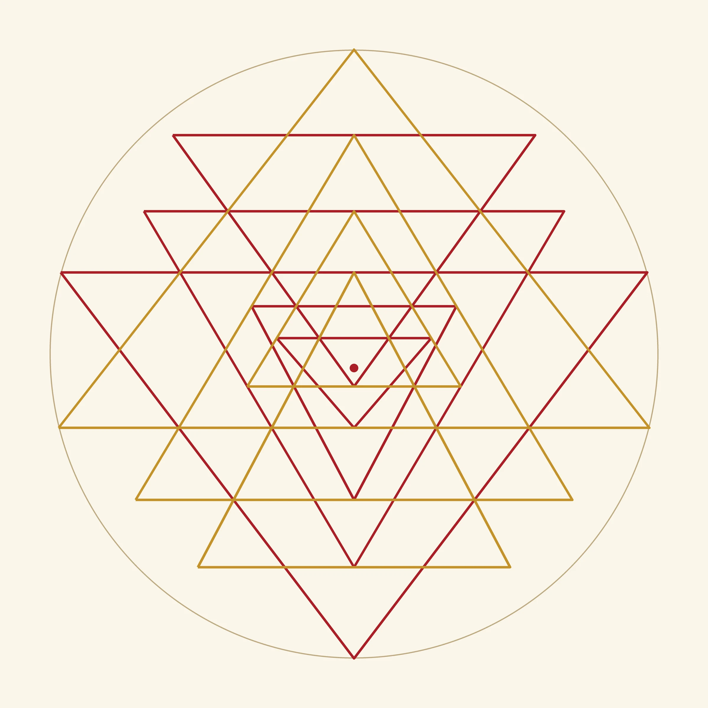 The nine triangles of the Sri Yantra alone: four pointing upward in gold and five pointing downward in red, inside a circle, with the central point marked.